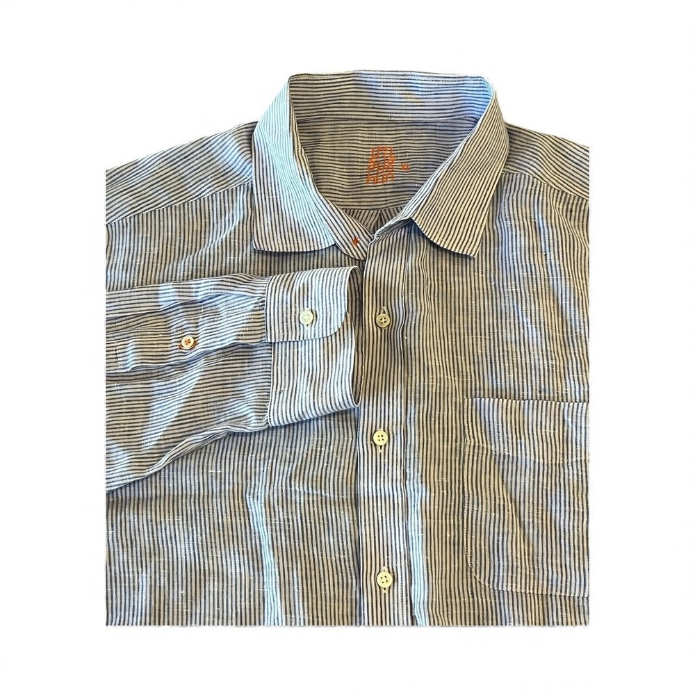 J MCLAUGHLIN 100% Linen Long Sleeve Button Up Shirt Mens XL Blue‎ White Stripe